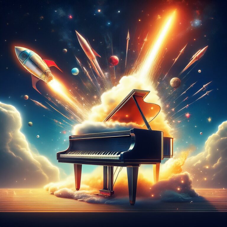 A piano with a rocket motor representing piano lessons through zoom