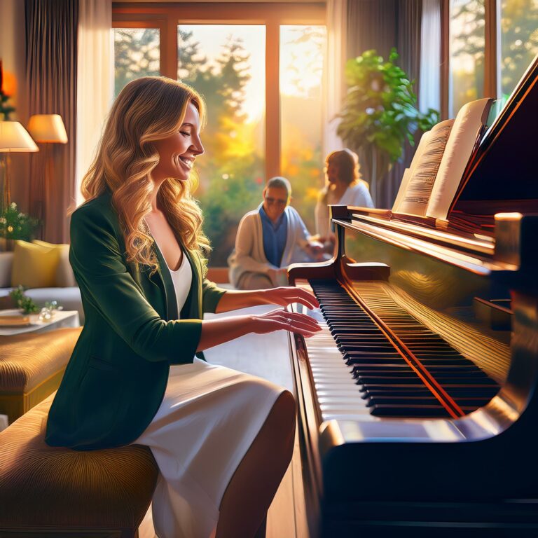 Unveiling the harmaony image of a young woman playing piano to entertain her friends