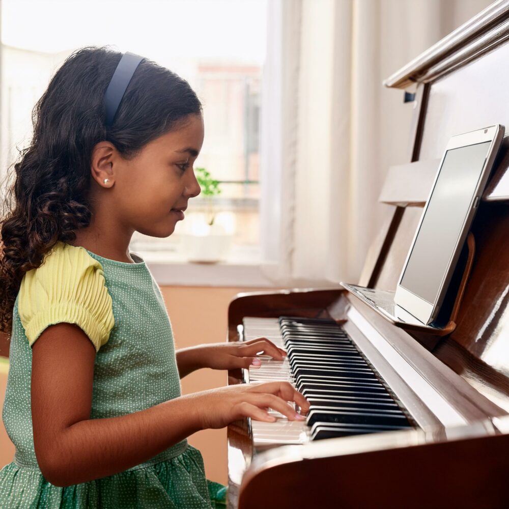 a child learning piano using a computer as she Learns to Play Piano Onlinelessons