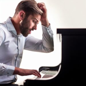 A frustrated man playing piano by ear.