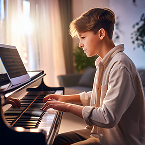 A teenager playing piano. He will learn piano scales today