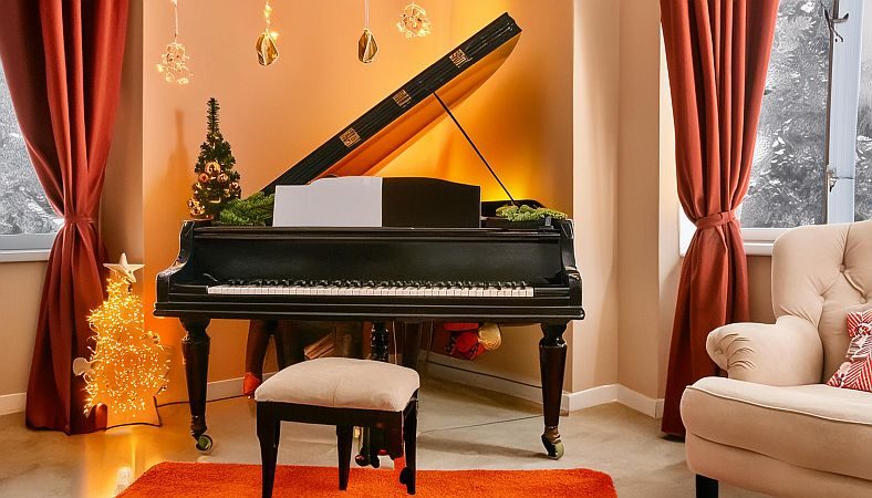 piano in a living room. piano vs. keyboard blog